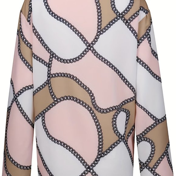 Plus Size Pink Colorblock Chain Print Button Up Roll Up Sleeve - Picture 6 of 11